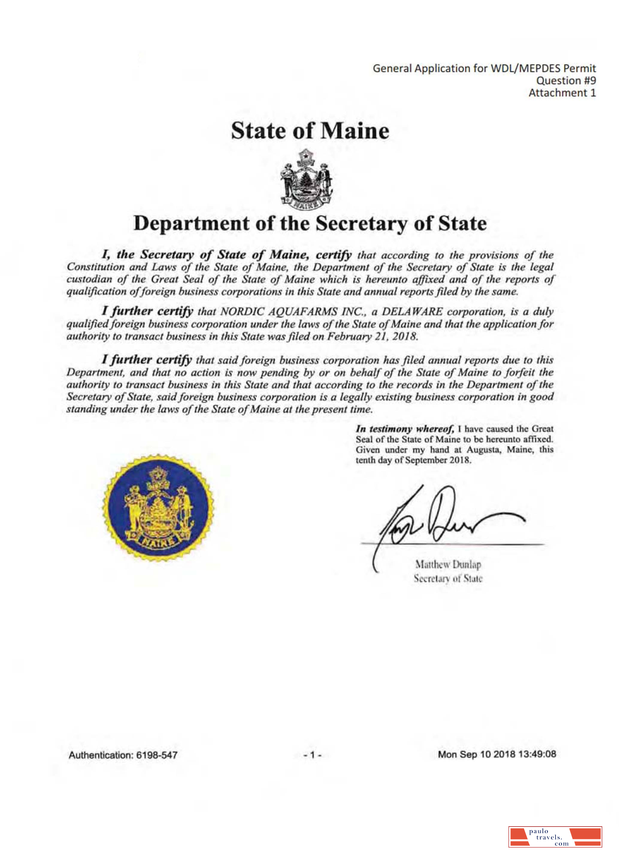 USA Maine certificate of good standing
